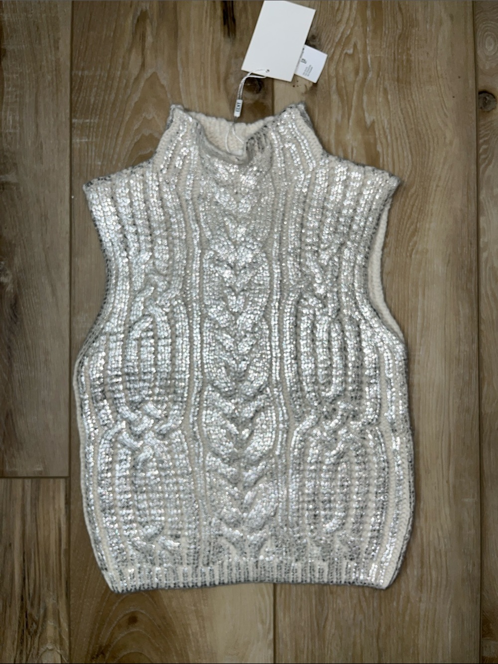 EDIT Jason Wu Metallic Cable Knit Mock Neck Sweater Vest Silver Cream Size S NEW